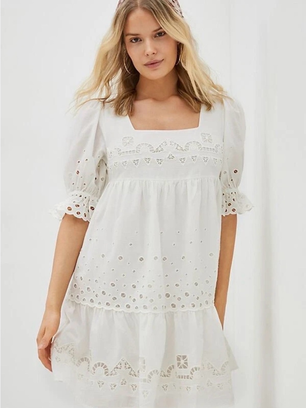 Anthropologie White Eyelet Square-Neck Mini Dress